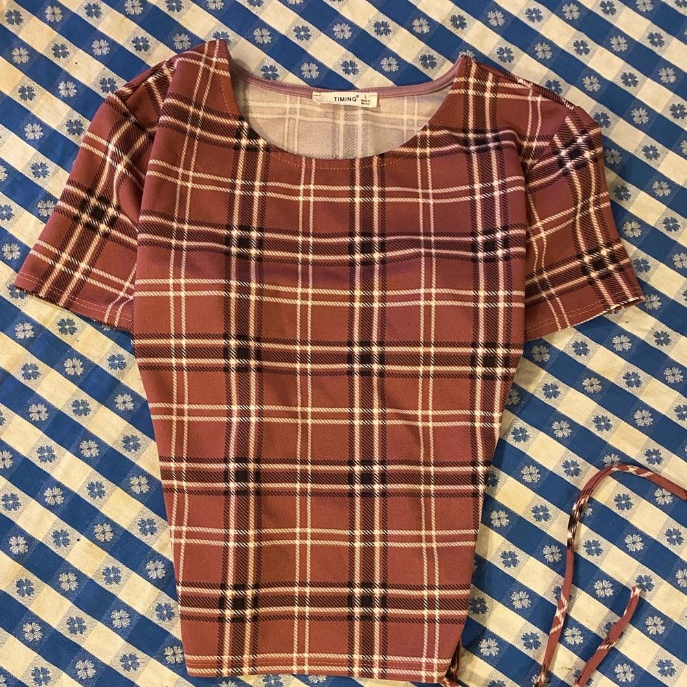 Timing Plaid Lace Up in the Back Short Sleeve Shirt